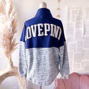 PINK VS “Love Pink” Navy Blue & Grey Varsity Half Zip-Up Sweatshirt